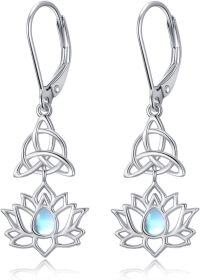 wholesale 925 Sterling Silver Lotus Flower Moonstone Drop Earrings with Triquetra Design-Lotus Flower