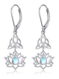 wholesale 925 Sterling Silver White Gold Plated Celtic Knot Lotus Moonstone Drop Earrings-Lotus Flower