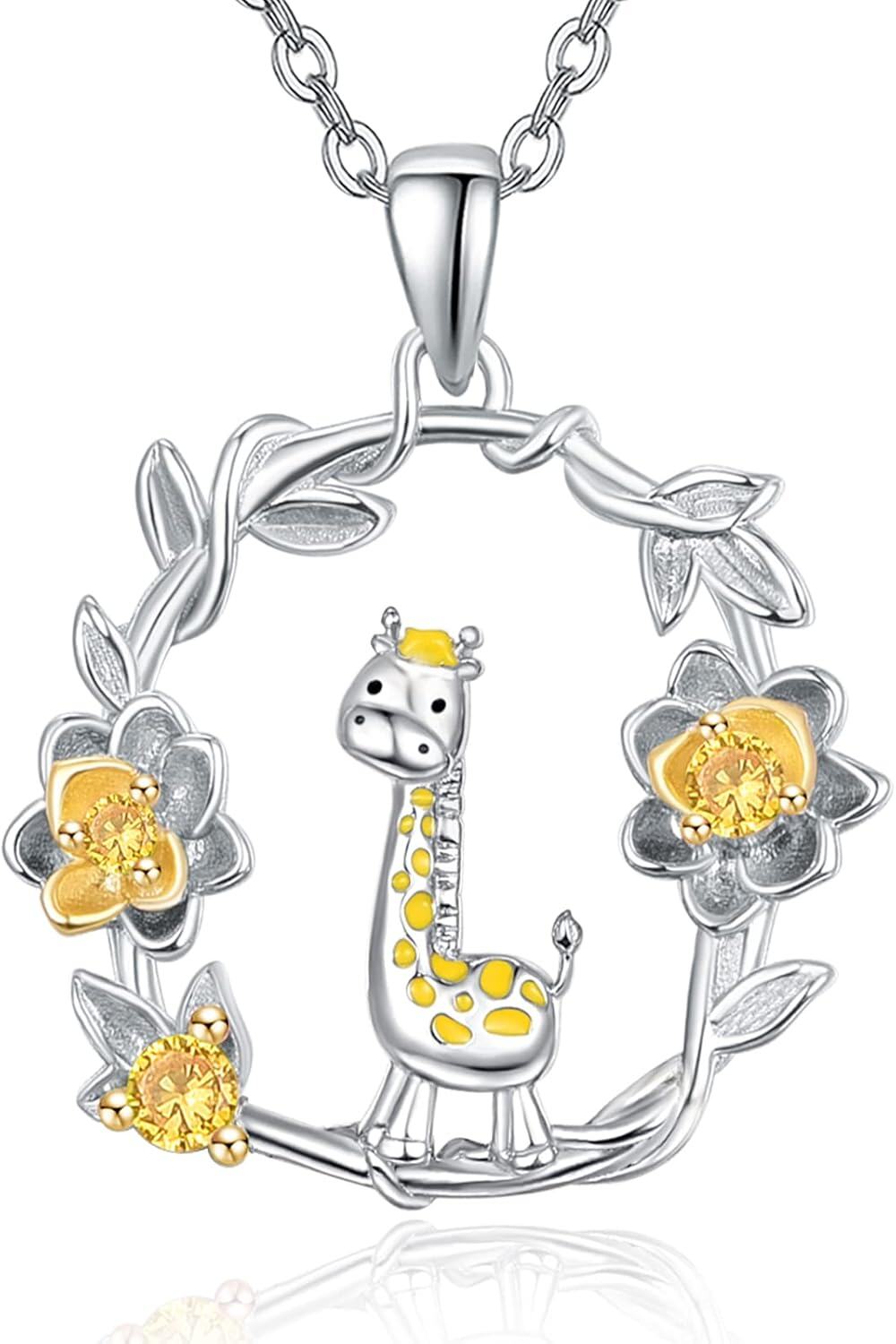 Sterling Silver Gemstone Cute Animal Flower Circle Necklace for Women Dog Fox Giraffe Unicorn Hummingbird Pendant Jewelry Gift -Giraffe