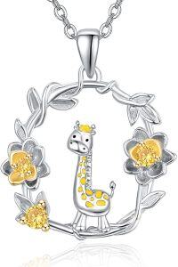 wholesale 925 Sterling Silver Yellow Crystal Giraffe Floral Round Pendant Necklace for Girls and Women Gifts-Giraffe