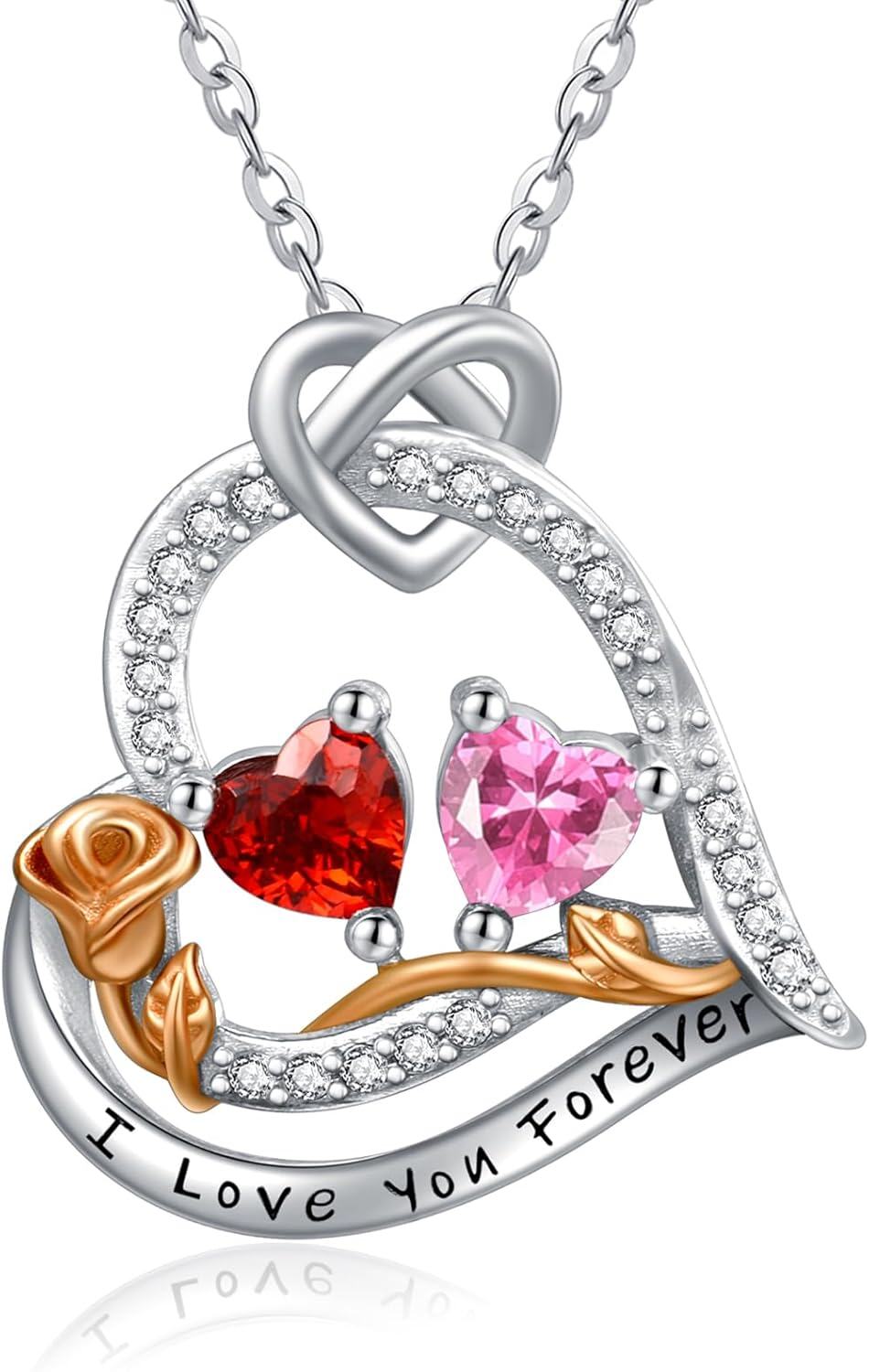  Sterling Silver 2 Birthstones Rose Heart Necklace for Women -0-0