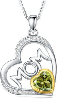 wholesale 925 Sterling Silver Gold Heart Mom Necklace with Synthetic Birthstone Pendant-August - Peridot
