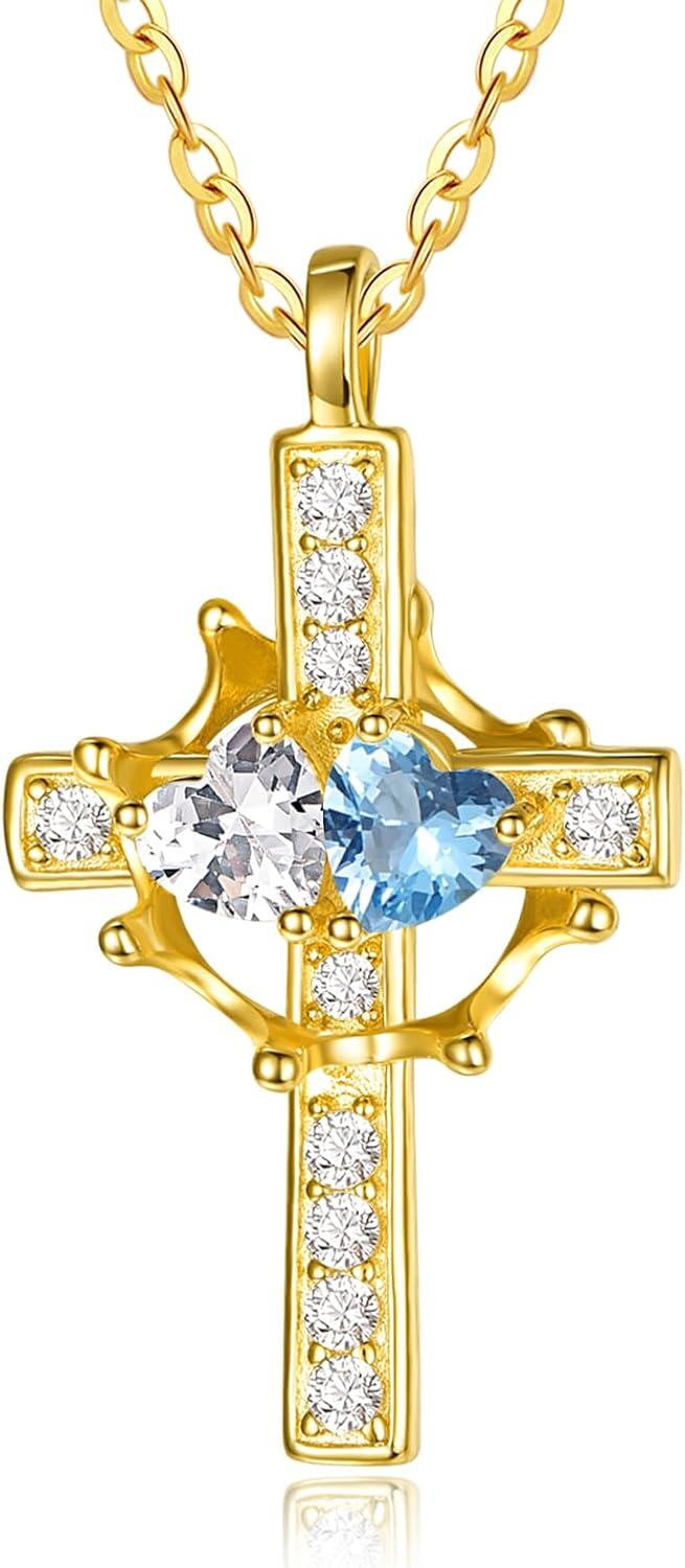 Sterling Silver Birthstones Gold Cross Necklace for Women -04-12-Apr-Dec-04-12-Apr-Dec