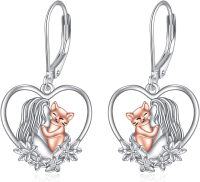 wholesale 925 Sterling Silver Heart-shaped Cat and Girl Hug Pendant Leverback Drop Earrings Gift for Her-Silver