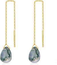 wholesale 14K Solid Gold Birthstone Threader Earrings for Women Dangle Drop Jewelry Gifts-13-Moss agate