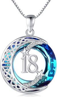 wholesale 925 Sterling Silver Celtic Moon Star Necklace with Blue Crystal Pendant for Women Girls 18th Birthday Gifts-18th