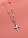 wholesale 925 Sterling Silver 925 CZ Cross Pendant Beaded Chain Necklace for Women and Girls-0-1