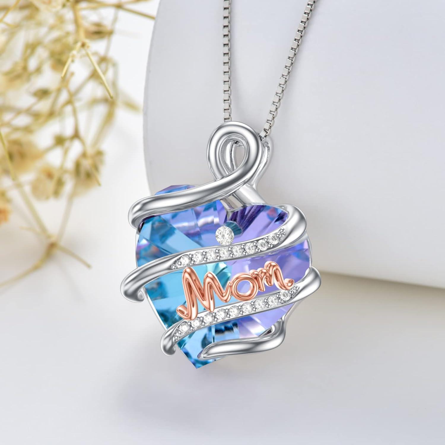 wholesale 925 Sterling Silver Blue Crystal Heart MOM Pendant Necklace for Mother's Day Gifts-0-2
