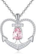wholesale 925 Sterling Silver Pink Gemstone Rope Anchor Heart Pendant Necklace for Women - Nautical Jewelry-0-0