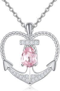 wholesale 925 Sterling Silver Pink Gemstone Rope Anchor Heart Pendant Necklace for Women - Nautical Jewelry-Pink