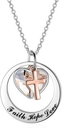 wholesale 925 Sterling Silver & Rose Gold Plated Faith Hope Love Heart Cross Pendant Necklace with Austrian Crystals-Silver & Rose Gold