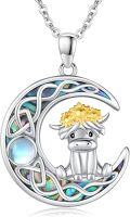 wholesale 925 Sterling Silver Moon Highland Cow Pendant Necklace with Abalone Shell and Gold Plated Accents-0-0