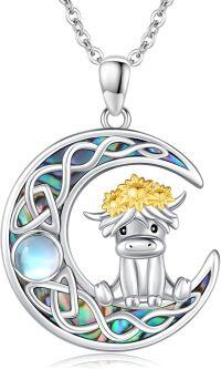 wholesale 925 Sterling Silver Moon Highland Cow Pendant Necklace with Abalone Shell and Gold Plated Accents-Celtic-Highland Cow