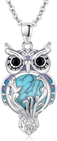 wholesale 925 Sterling Silver Turquoise Owl Filigree Skull Pendant Necklace with Purple Accents and Chain 36 Length-A-Owl