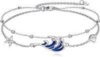 wholesale 925 Sterling Silver Blue Enamel Wave Starfish Shell Charm Ankle Anklet for Women-Starfish Wave Anklet
