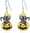 wholesale 925 Sterling Silver Hypoallergenic Cute Black Cat on Jack-o'-Lantern Halloween Earrings for Women and Girls-0-0