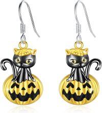 wholesale 925 Sterling Silver Hypoallergenic Cute Black Cat on Jack-o'-Lantern Halloween Earrings for Women and Girls-Black