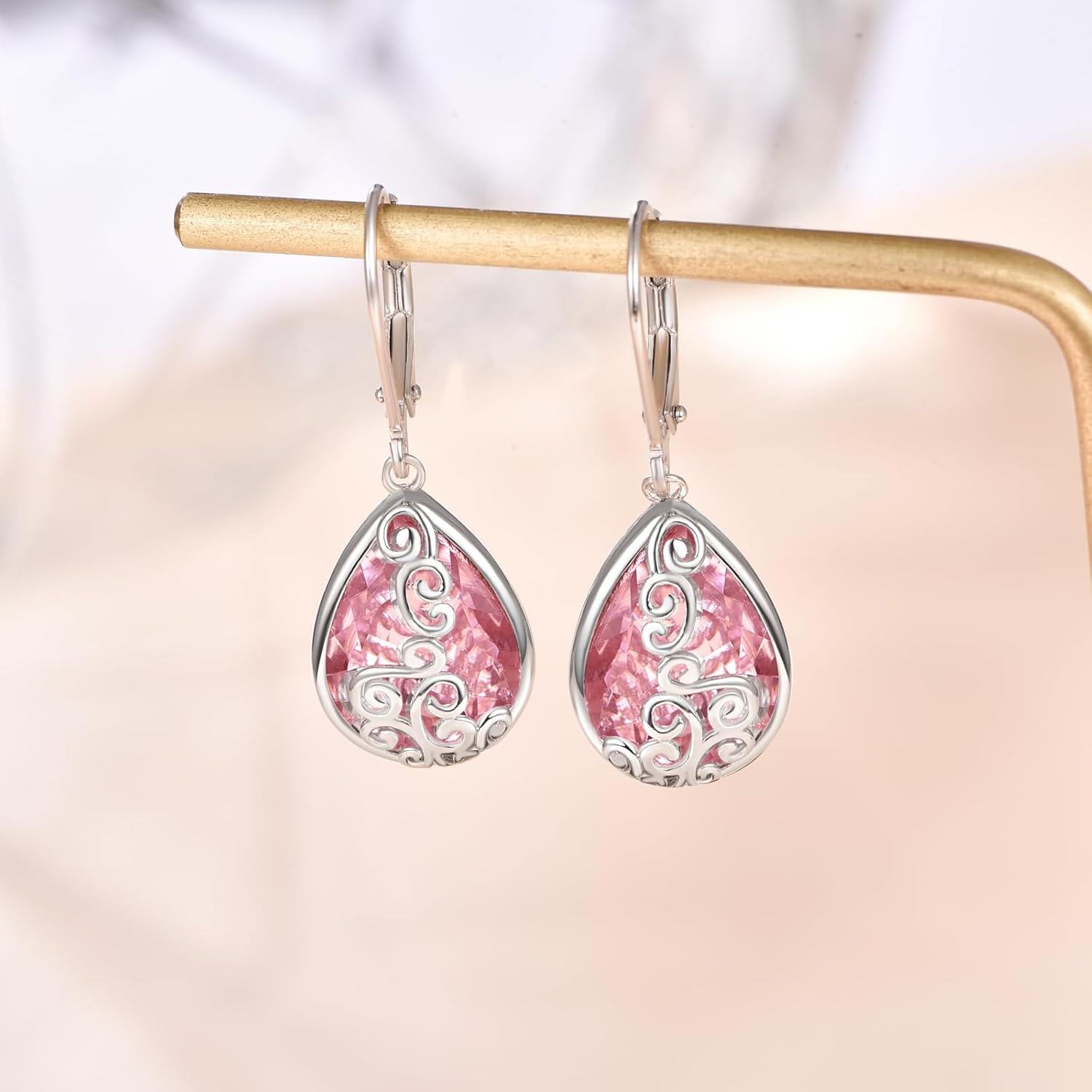 Sterling Silver Birthstone Teardrop Leverback Dangle Earrings-0-2