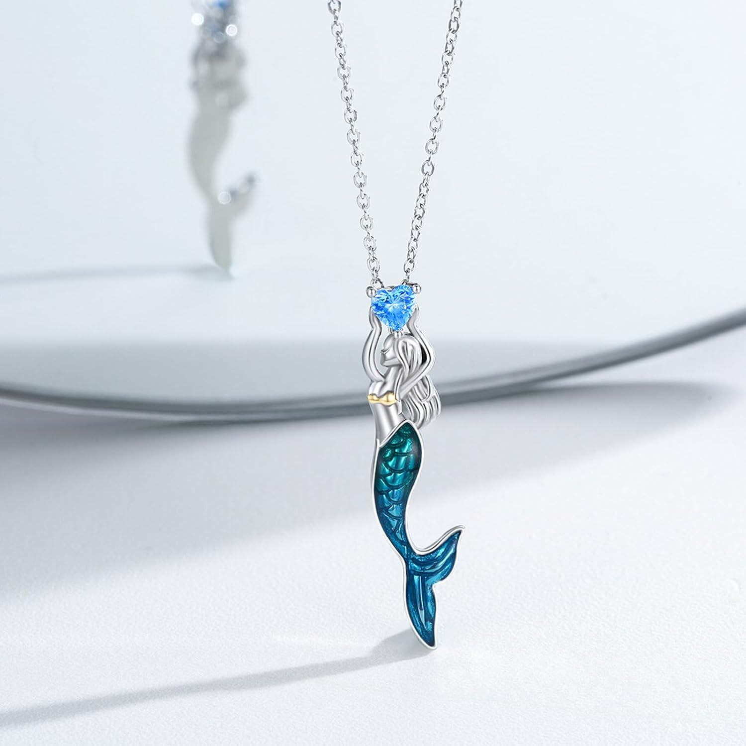 wholesale 925 Sterling Silver Blue CZ Heart Mermaid Pendant Necklaces for Women Girls Beach Gifts-0-1