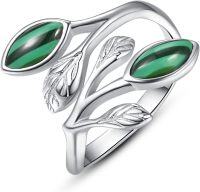 wholesale Sterling Silver Leaf Ring with Birthstone Adjustable Wrap Promise Engagement Wedding Rings for Women-Green Malachite