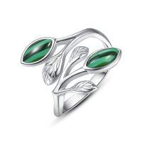 wholesale 925 Sterling Silver Leaf Ring with Birthstone Adjustable Wrap Promise Engagement Wedding Rings for Women-Green Malachite