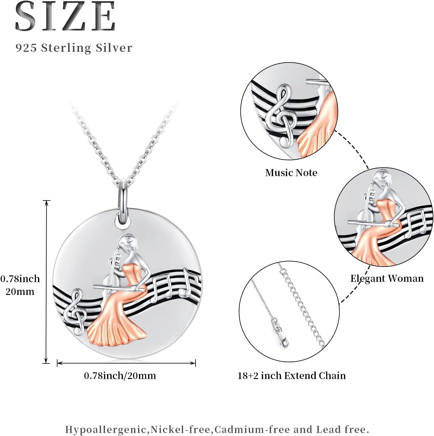 925 Sterling Silver Musician Pendant Necklace with Rose Gold Accents and Musical Notes - Friendship Graduation Gift for Her Daughter or Sister-0-5
