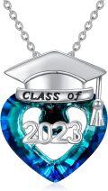 wholesale 925 Sterling Silver Blue Crystal Class of 2023 Graduation Heart Pendant Necklace-0-0