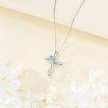 wholesale 925 Sterling Silver Aquamarine March Birthstone Cross Pendant Necklace with Rose Design-0-3