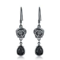 wholesale 925 Sterling Silver Rose Drop Earrings Wholesale With Black Stones-Rose