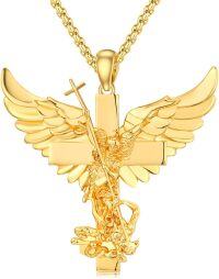 wholesale Gold 925 Sterling Silver Guardian Angel Cross Pendant Necklace Catholic  for Women Men Boys Girls-A01 - St Michael (Yellow Gold)