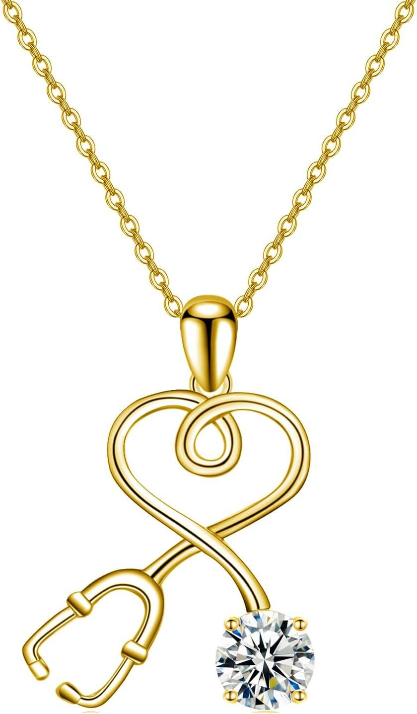 wholesale 925 Sterling Silver Plated Gold Infinity Heart Stethoscope Pendant Necklace with Cubic Zirconia Accent for Nurses Doctors Gifts-Yellow Gold
