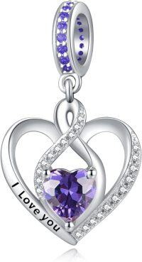 wholesale 925 Sterling Silver Heart Birthstone Charms for Bracelets Jewelry Gifts-Dangle - Feb - Amethyst