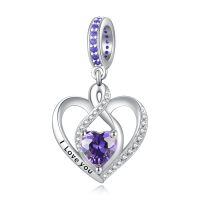 wholesale 925 Sterling Silver Heart Birthstone Charms for Bracelets Jewelry Gifts-Dangle - Feb - Amethyst