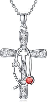 wholesale 925 Sterling Silver Birthstone Crystals Stethoscope Necklace for Nurse Doctor Medical Student-7-Jul-Ruby