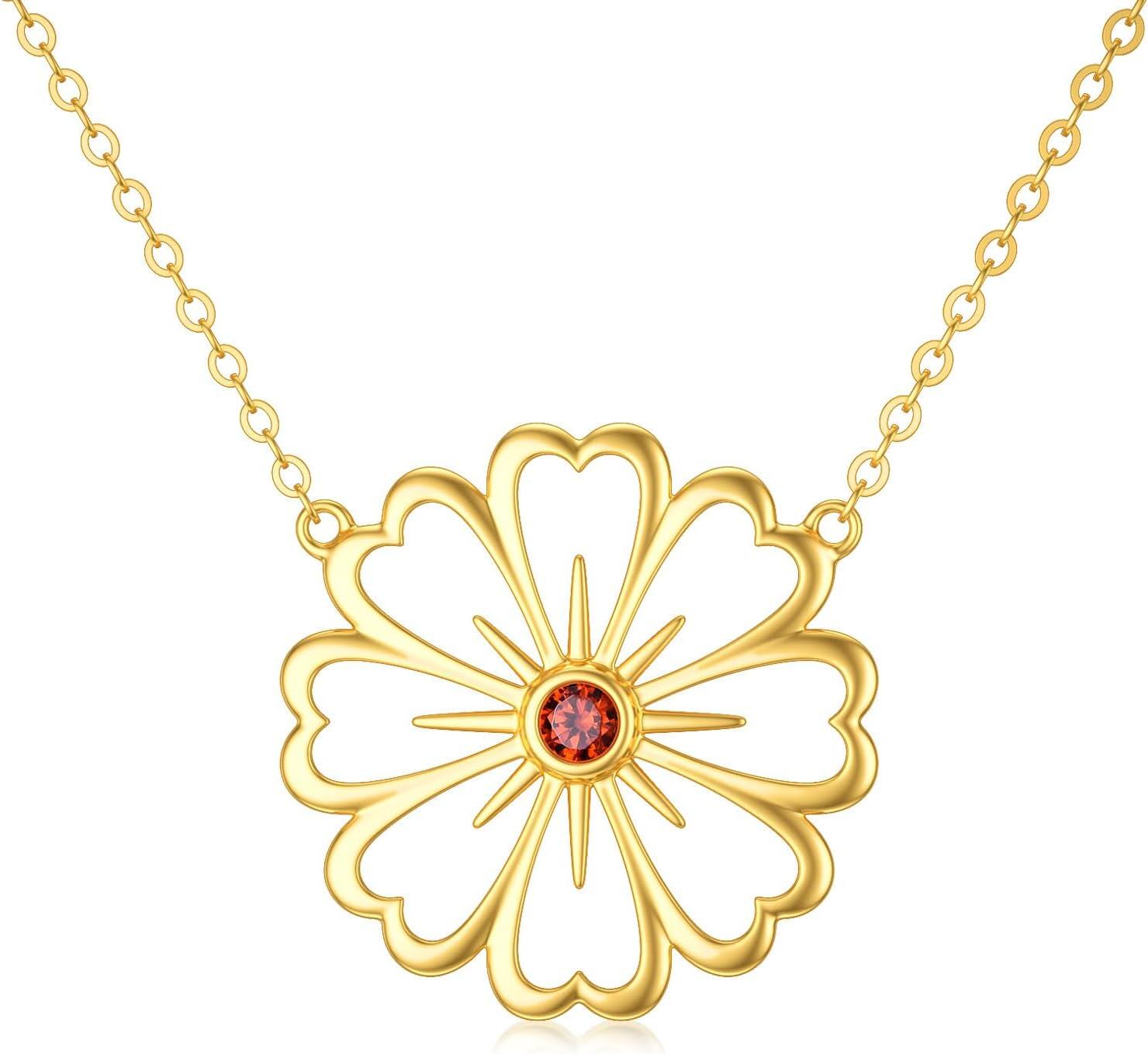 wholesale 14K Gold Daisy Flower Pendant Necklace with Red Stone for Women - Anniversary & Christmas Gifts-0-0