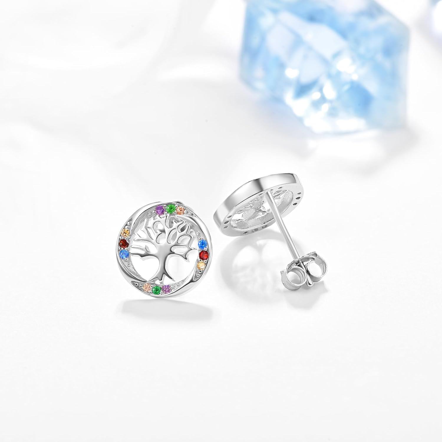 Sterling Silver Tree of Life Stud Earrings Round Birthstone Jewelry Gifts-0-1