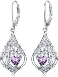 wholesale 925 Sterling Silver 12 Months Birthstone Crystal Tree of Life Earrings-2-Feb-Amethyst