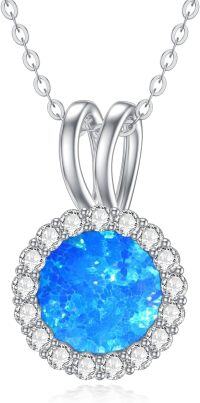 wholesale Sterling Silver Opal Necklace Round Opal Stone Pendant October Birthstone Gift-C_Blue