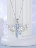 wholesale 925 Sterling Silver Angel Wings Blue Crystal Ribbon Breast Cancer Awareness Necklace-0-2