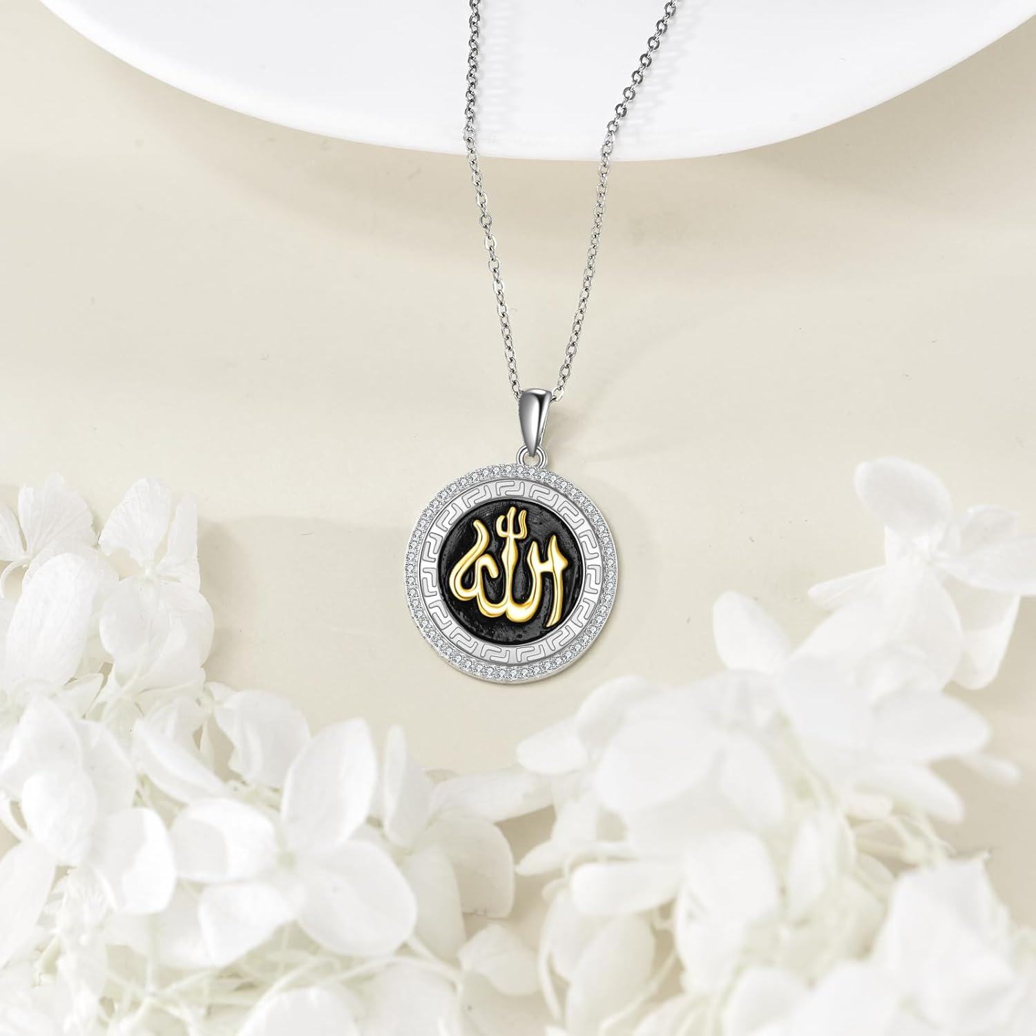 925 Sterling Silver Round Allah Pendant Necklace with Black and Gold Accents - Islamic Muslim s for Her-0-3