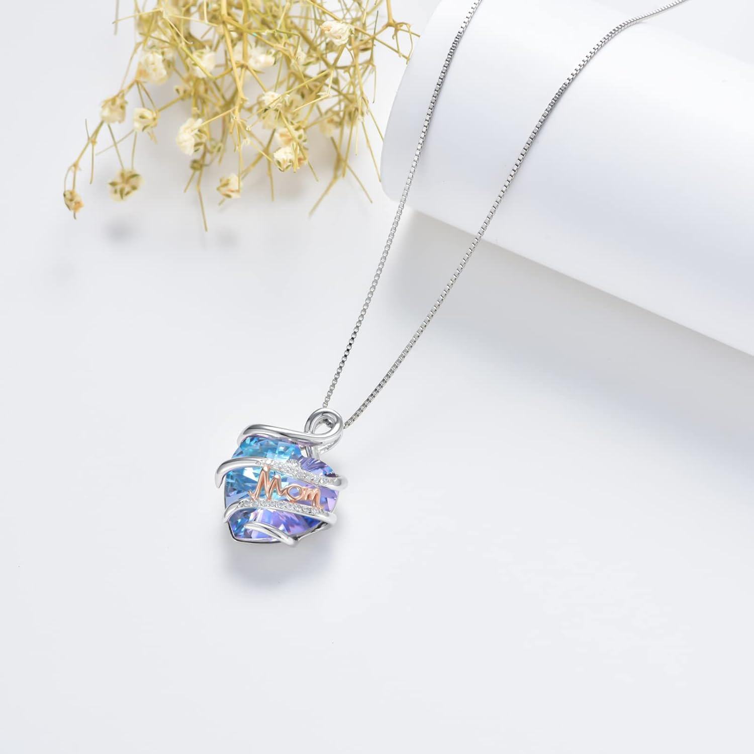 wholesale 925 Sterling Silver Blue Crystal Heart MOM Pendant Necklace for Mother's Day Gifts-0-5
