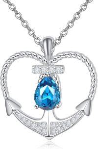 wholesale 925 Sterling Silver Blue Topaz Teardrop Anchor Pendant Necklace for Women Oceanic Jewelry-Blue