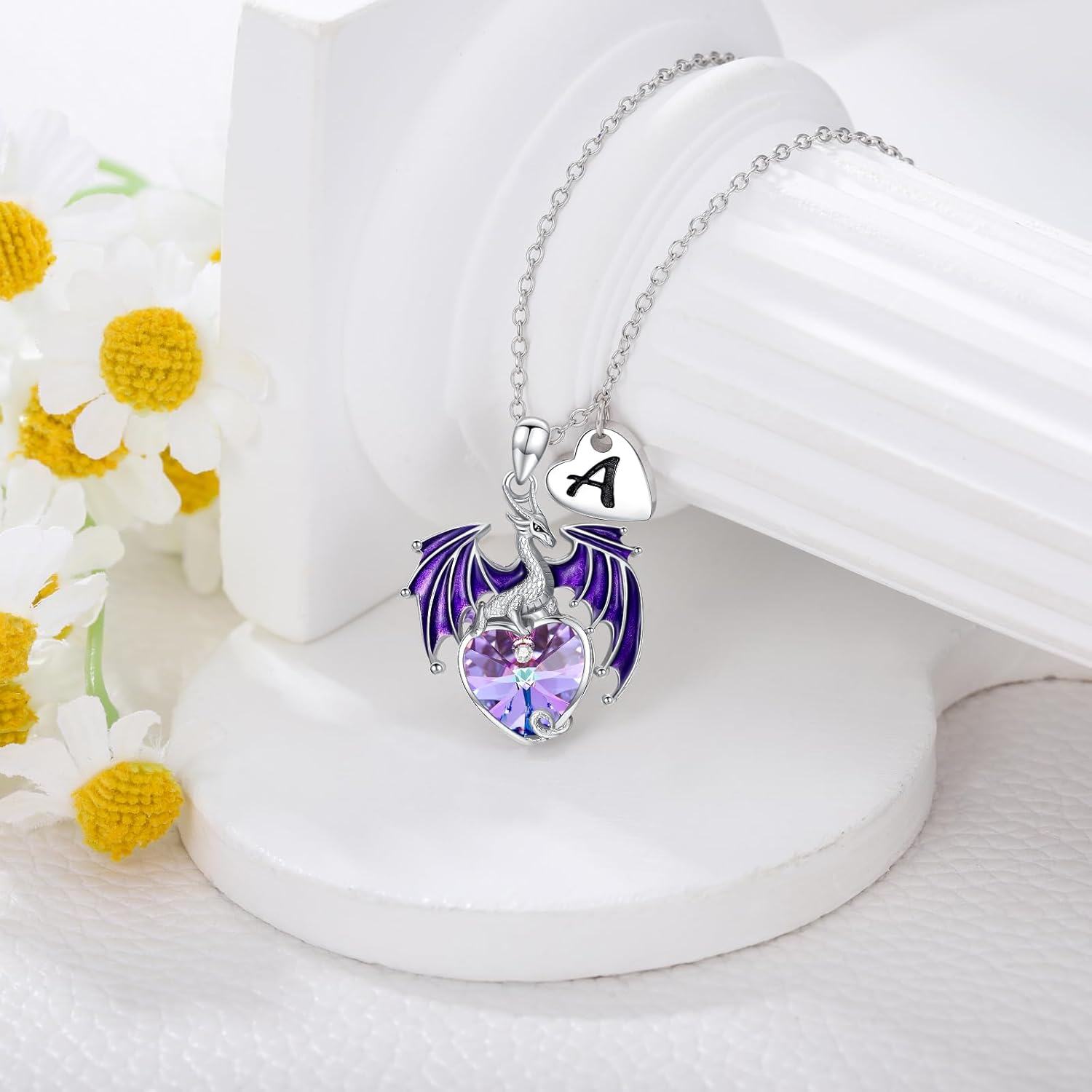 Sterling Silver Crystal Dragon Necklace with Heart Gift for Women-0-3