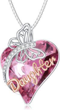 wholesale 925 Sterling Silver Pink Crystal Butterfly Heart Mother Daughter Pendant Necklace-04-Daughter Butterfly Necklace