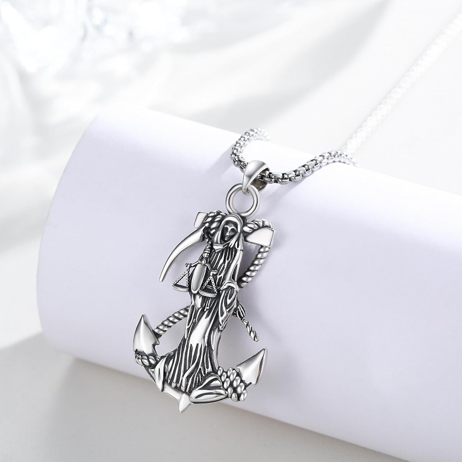 wholesale 925 Sterling Silver Grim Reaper on Anchor Pendant Chain Necklaces for Men & Women-0-1