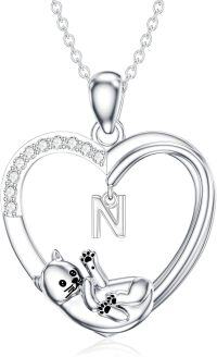 wholesale Silver Stone Cat Heart Necklace w Initial 26 Alphabets Gift-N
