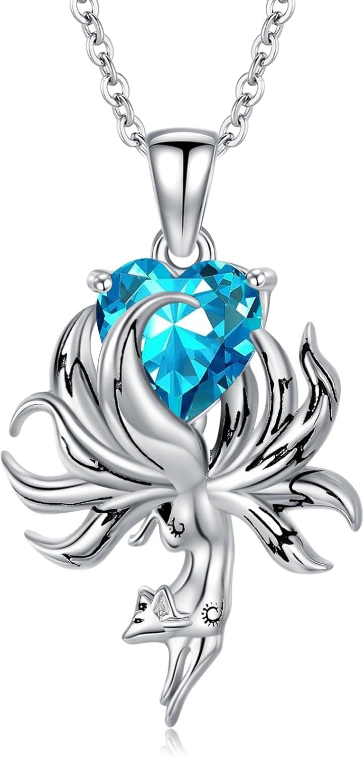 Sterling Silver Fox Pendant Necklace w Birthstone Women s Jewelry Gift-03-March