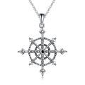 wholesale 925 Sterling Silver Ship Wheel Compass Pendant Necklace Oxidized Black Stone-0-0