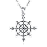 wholesale 925 Sterling Silver Ship Wheel Compass Pendant Necklace Oxidized Black Stone-viking rune compass