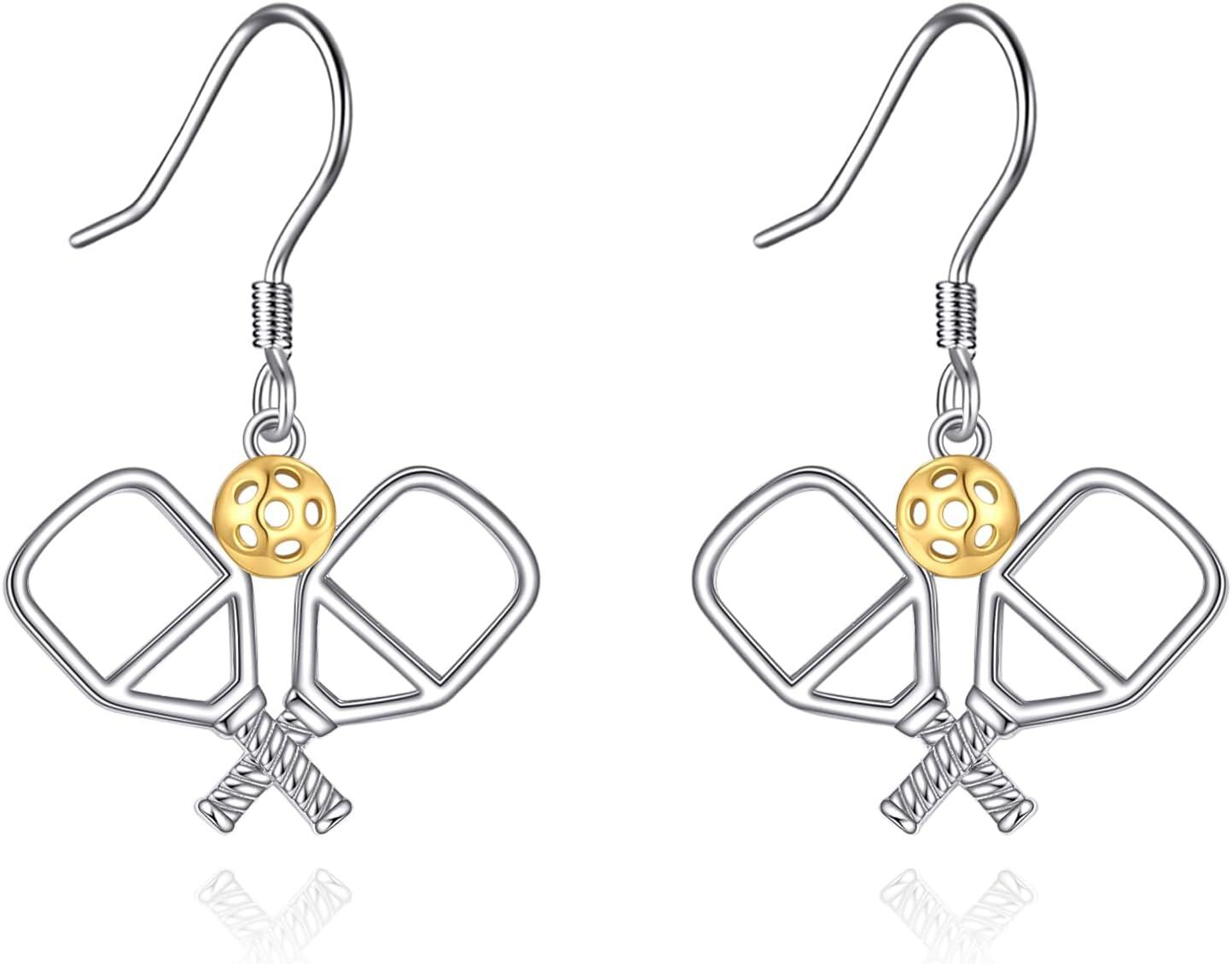 925 Sterling Silver Pickleball Dangle Earrings with Gold Ball Charm - Unique Sports Inspired s for Women-0-0